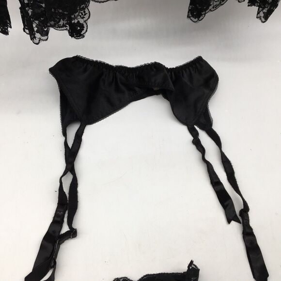 Vintage Black Lace Lingerie Camisole Garter Belt Robe 3 Piece Set Sz Medium Hot - Picture 7 of 12